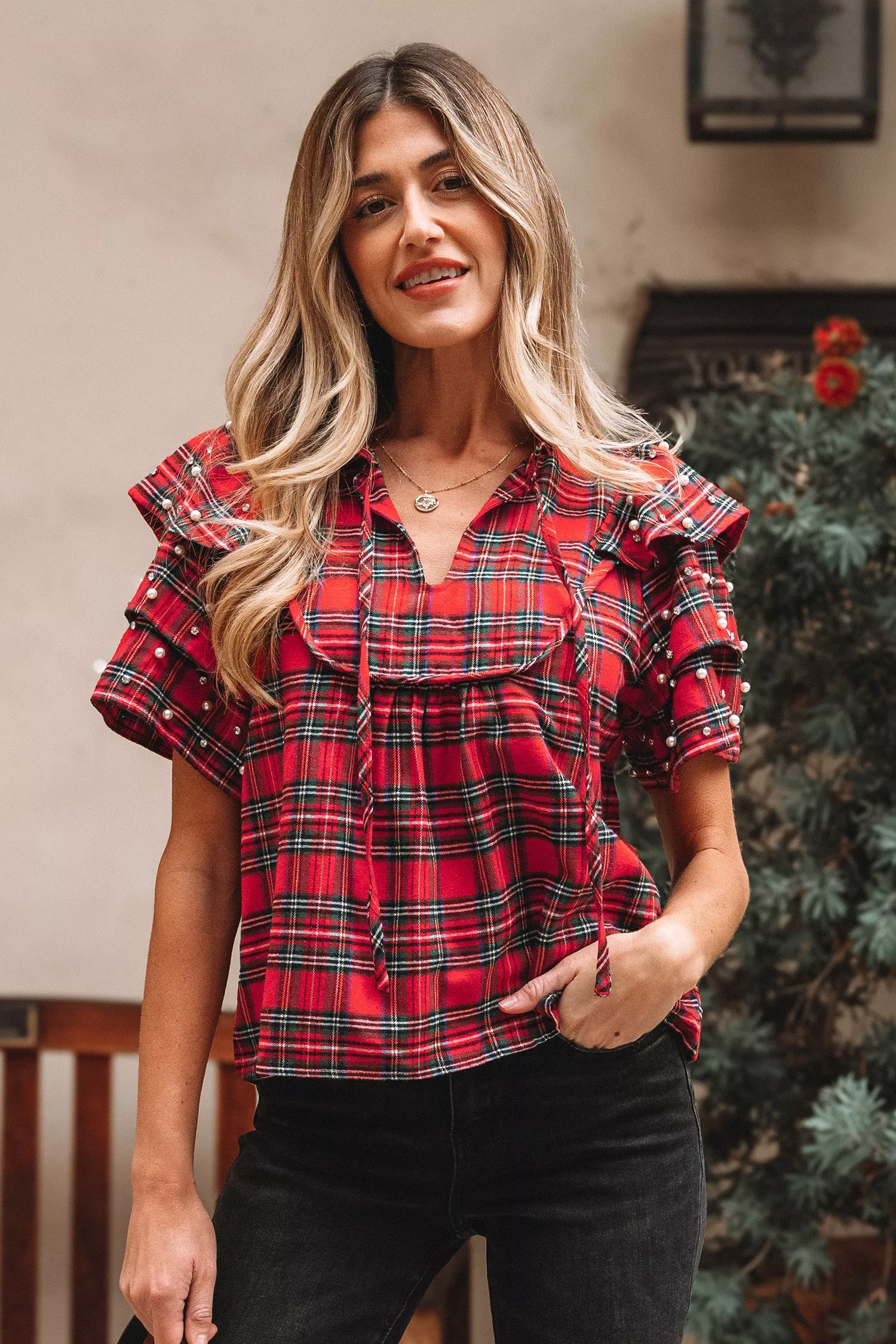 Red Festive Plaid Pearl Embellished Ruffle Short Sleeve Blouse