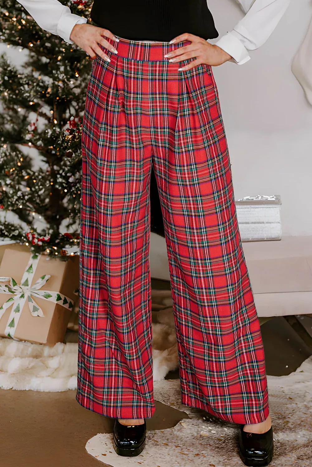 Red Festive Plaid Wide Leg Pull On Pants