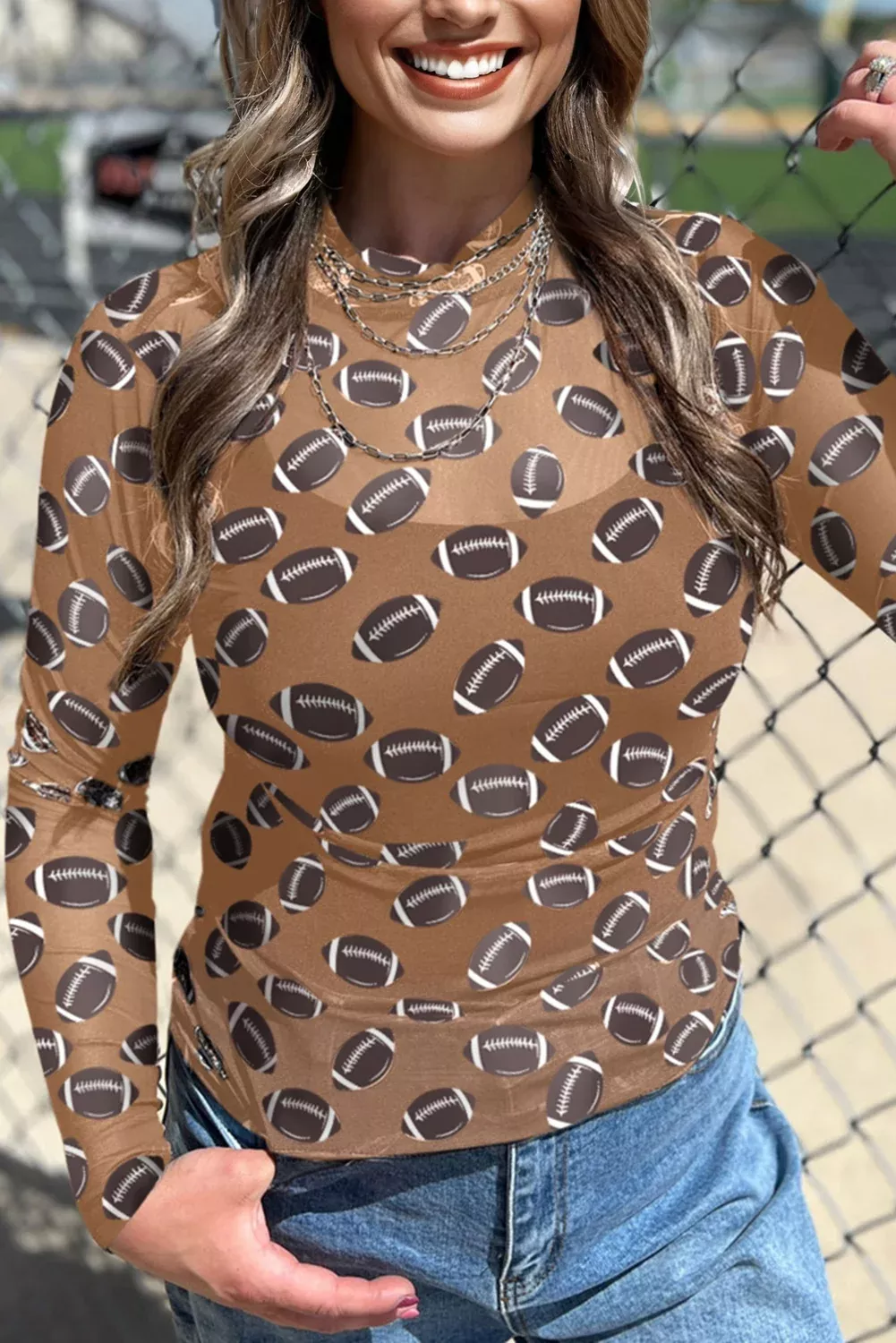 Red Game Day Rugby Mesh Sheer Long Sleeve Top