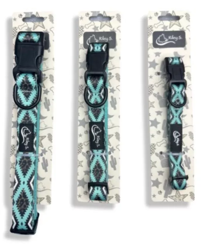 Riley S. Dog Collar- Teal Leopard Aztec
