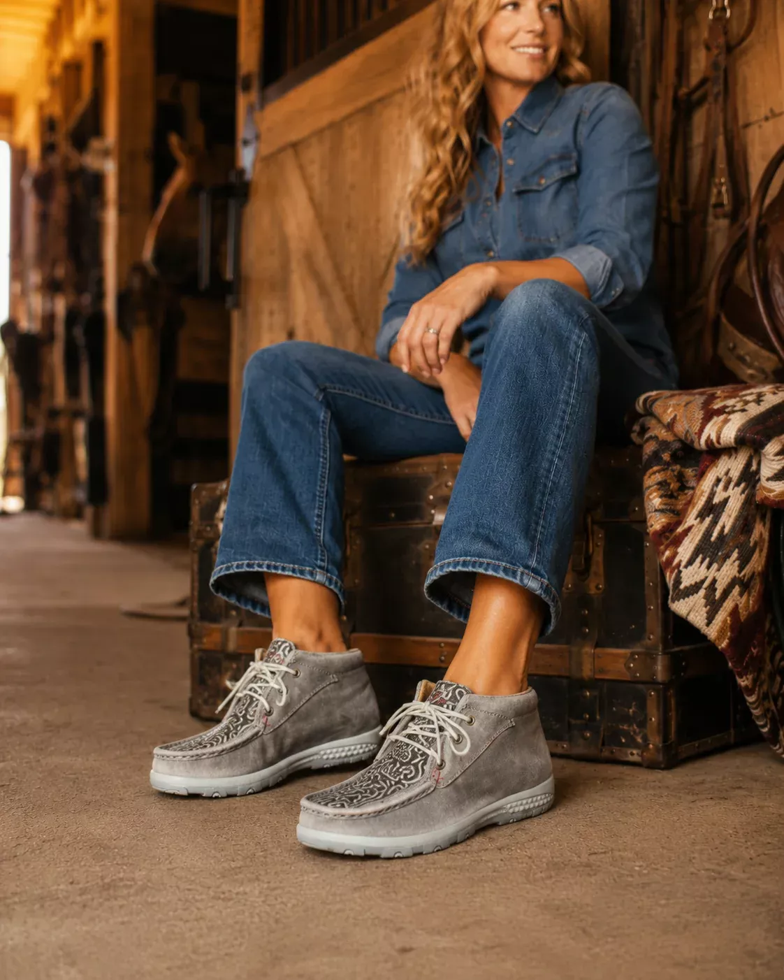 RM Tack Exclusive Twisted X Tooled Grey & Grey Bomber Chukka Driving Mocs