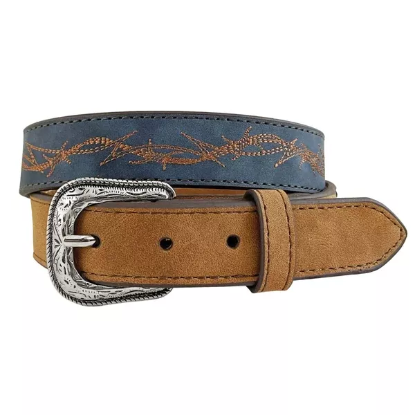 Roper Kids Belt | Embroidered Barbed Wire Leather | Brown / Blue