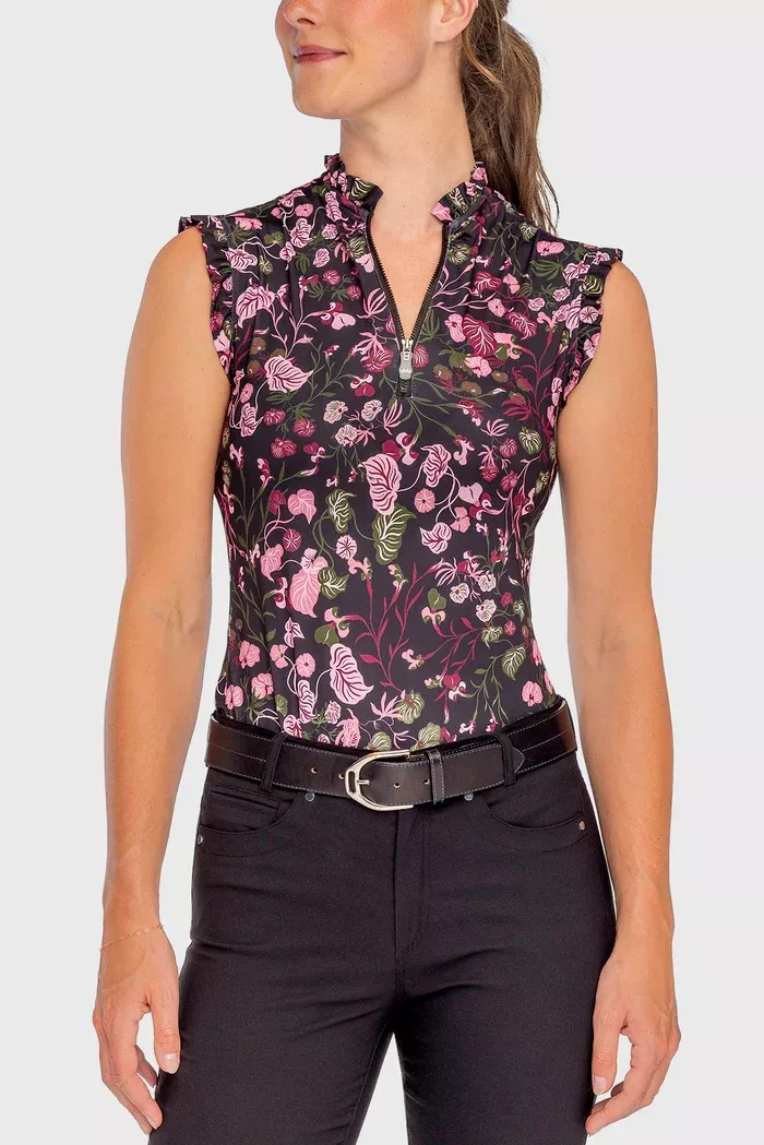 Ruffle Tank Top 1/4 Zip Black Modern Begonia
