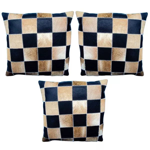 Set Of 3 Smooth Leather Patchwork Cushion Pillow Cover 16 X