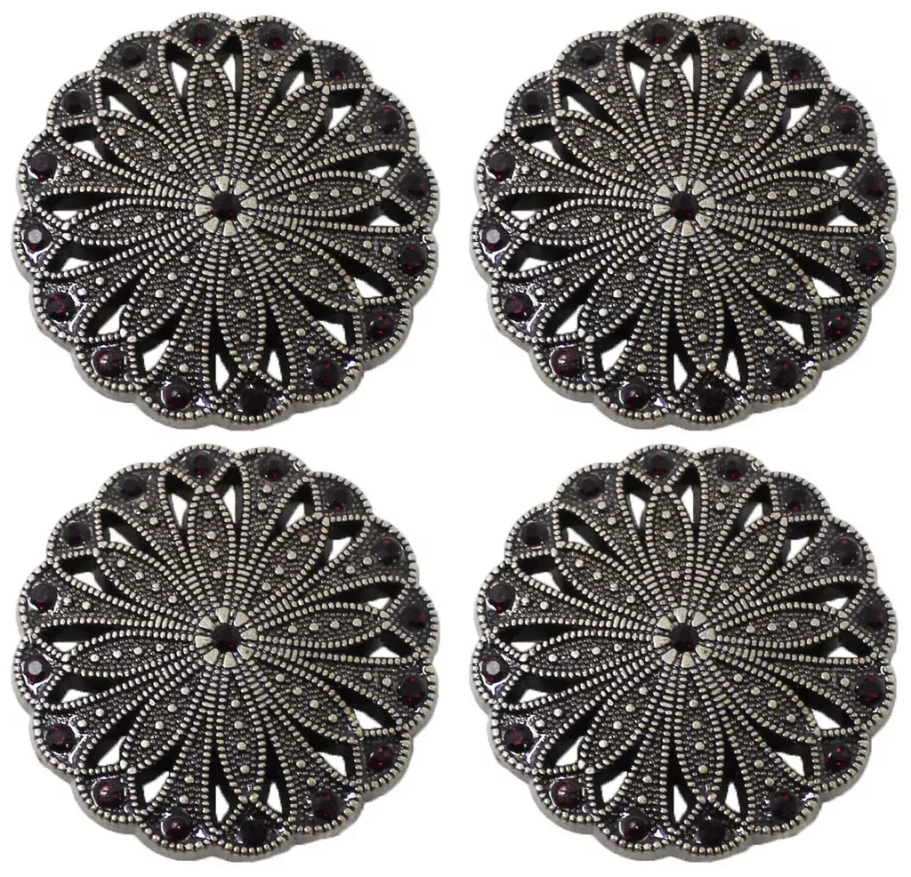 Set of 4 Conchos Western Saddle Tack Antique Silver Rhinestones Co538