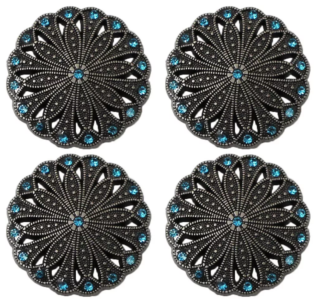 Set of 4 Conchos Western Saddle Tack Antique Silver Rhinestones Co539
