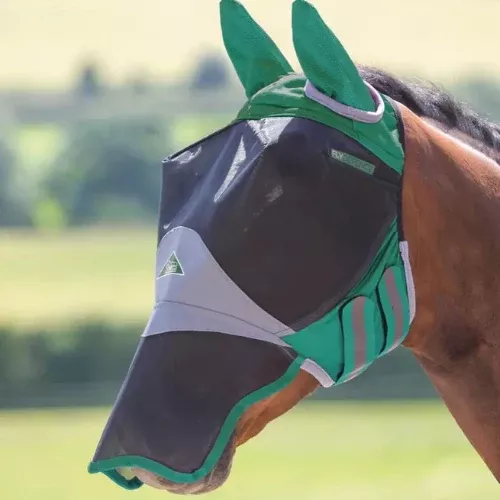 Shires FlyGuard Pro Deluxe Fly Mask With Ears & Nose - Green - Cob - SALE