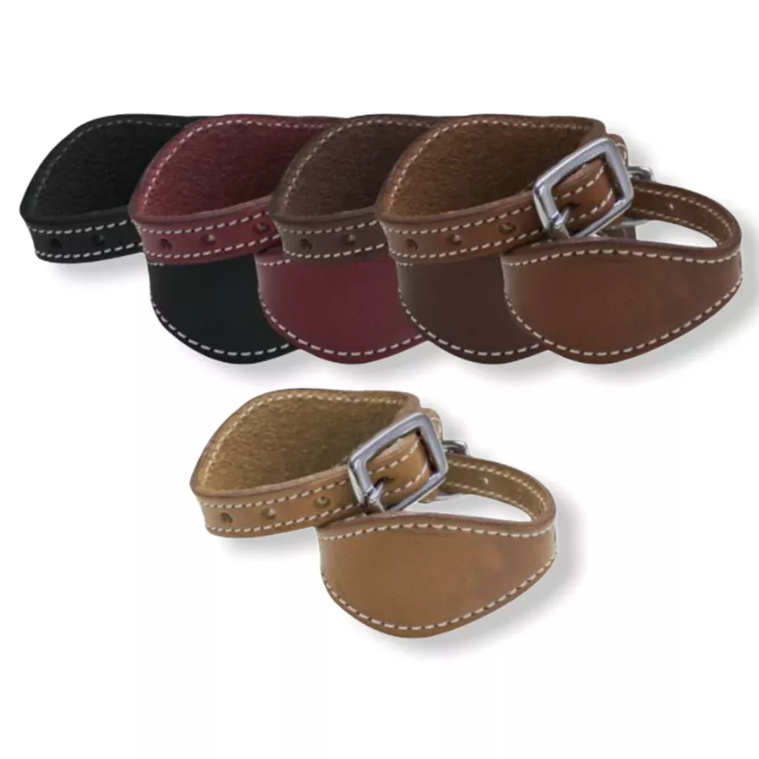 Stitched leather stirrup hobbles. Sold in pairs.