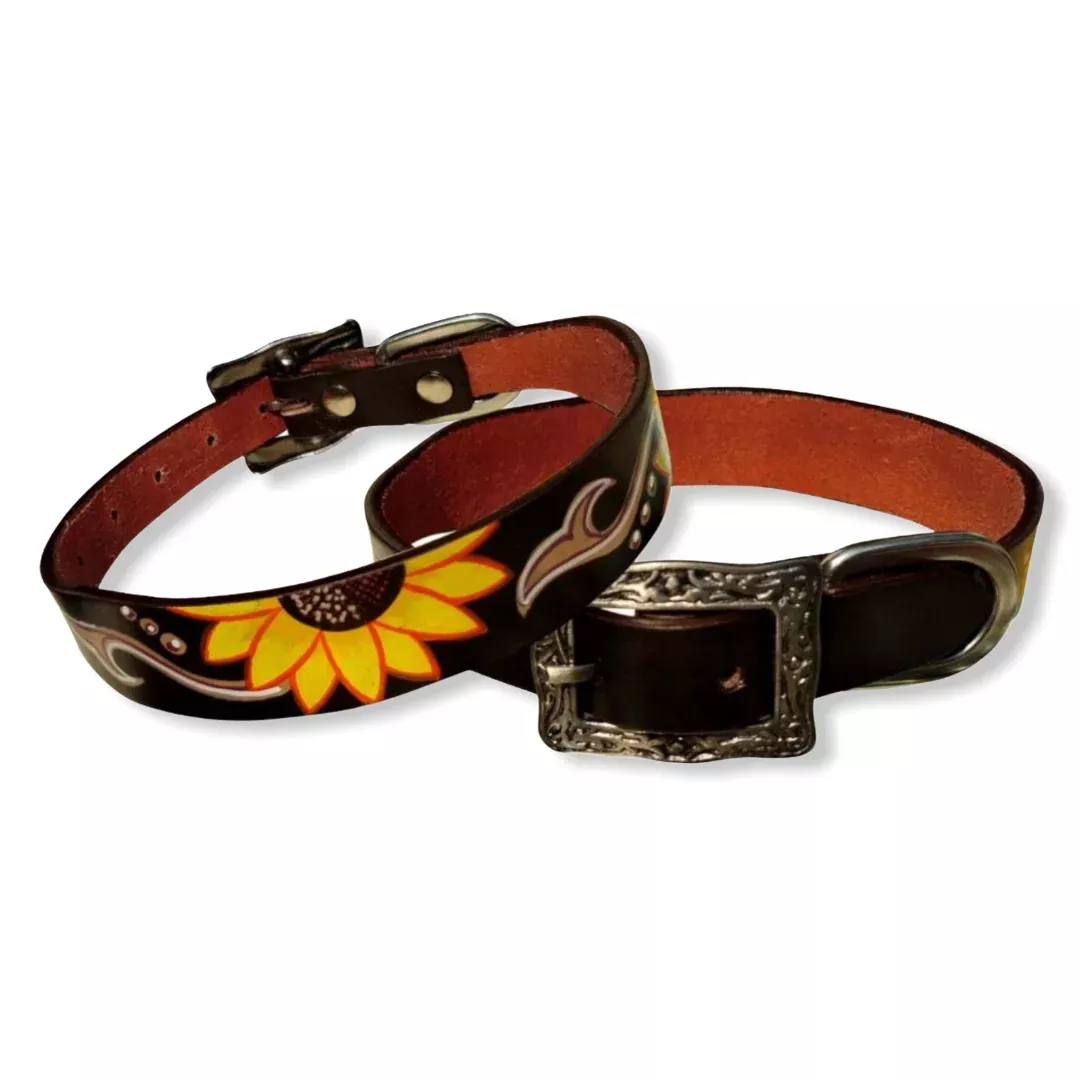Sunflower overlay leather dog collar
