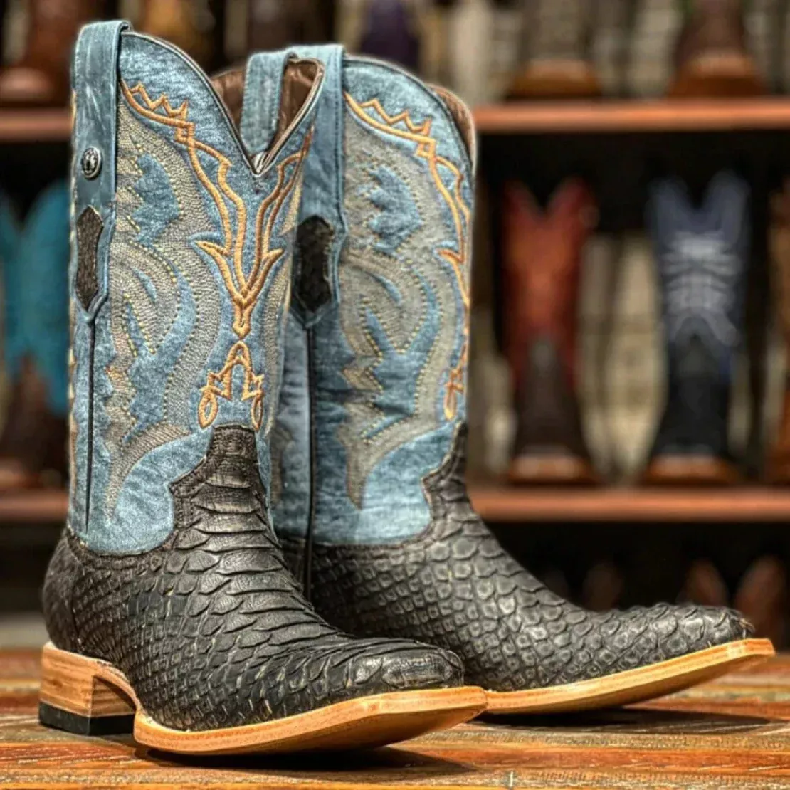 Tanner Mark Men's Genuine Python Square Toe Boots Matte Brown TMX208022
