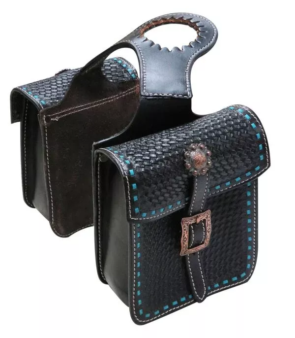 Tooled leather horn bag with teal buck stitch