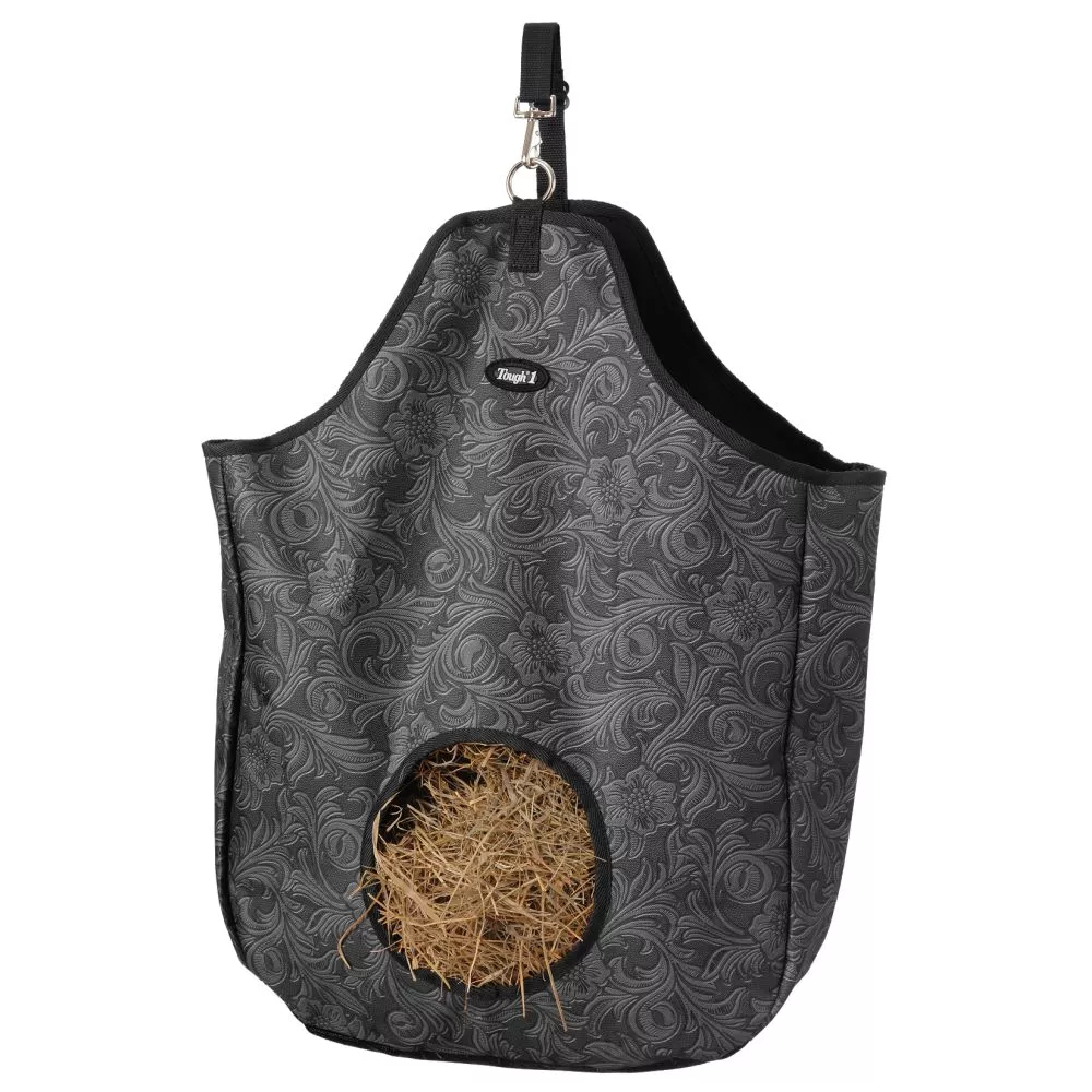 Tough1 Black Tooled Leather Nylon Hay Tote