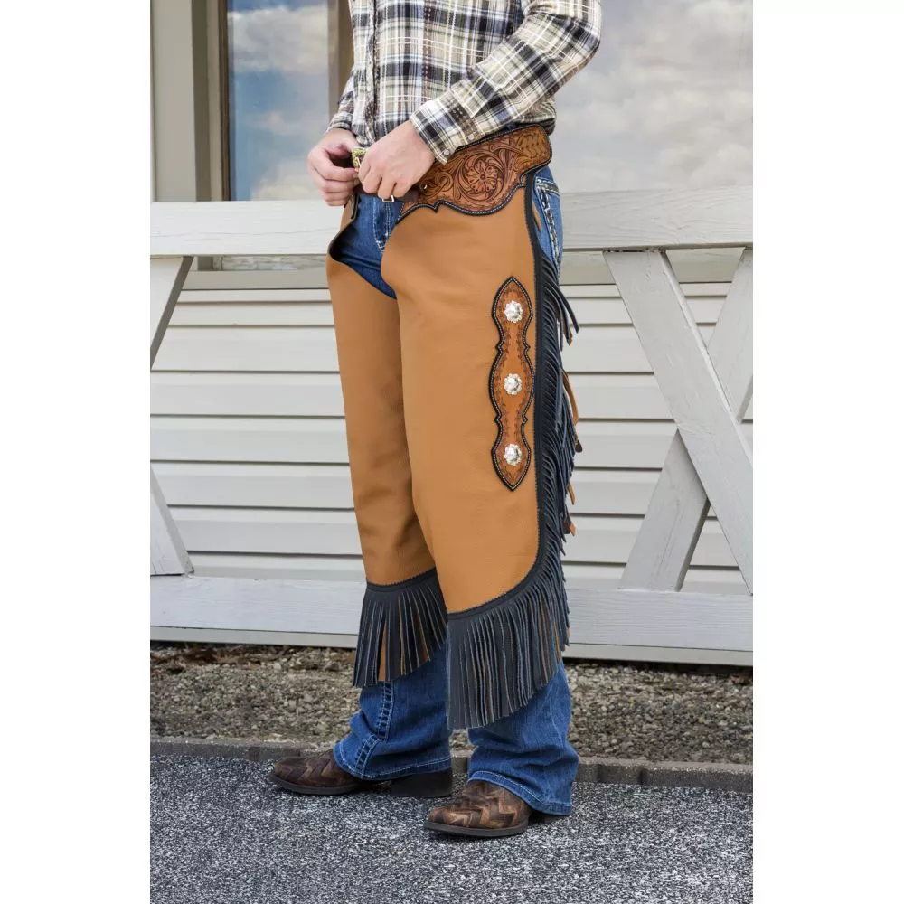 Tough1 Premium Leather Chinks with Floral Yoke & Double Fringe