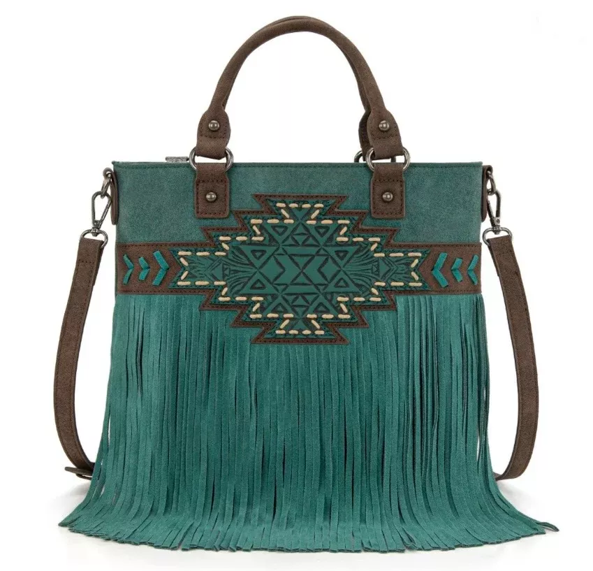 Trinity Ranch Aztec Tooled Fringe Concealed Carry Tote/Crossbody