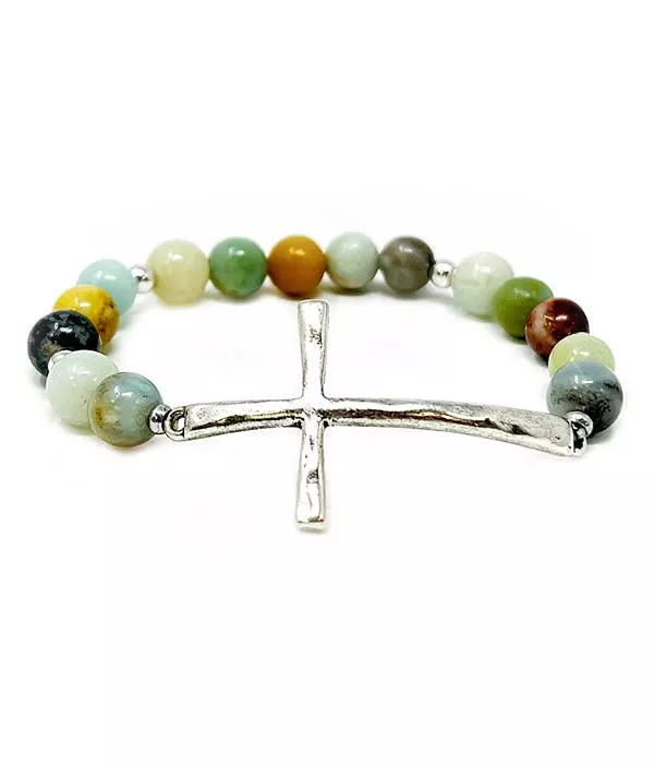 ( TX1042 )SEMI PRECIOUS STONE BALL CROSS BRACELET