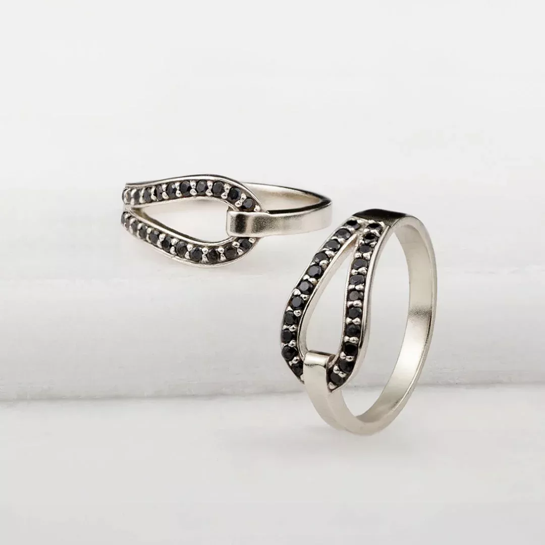 Urban Equestrian - Levade - Black Moissanite Equestrian Horseshoe Ring in Silver