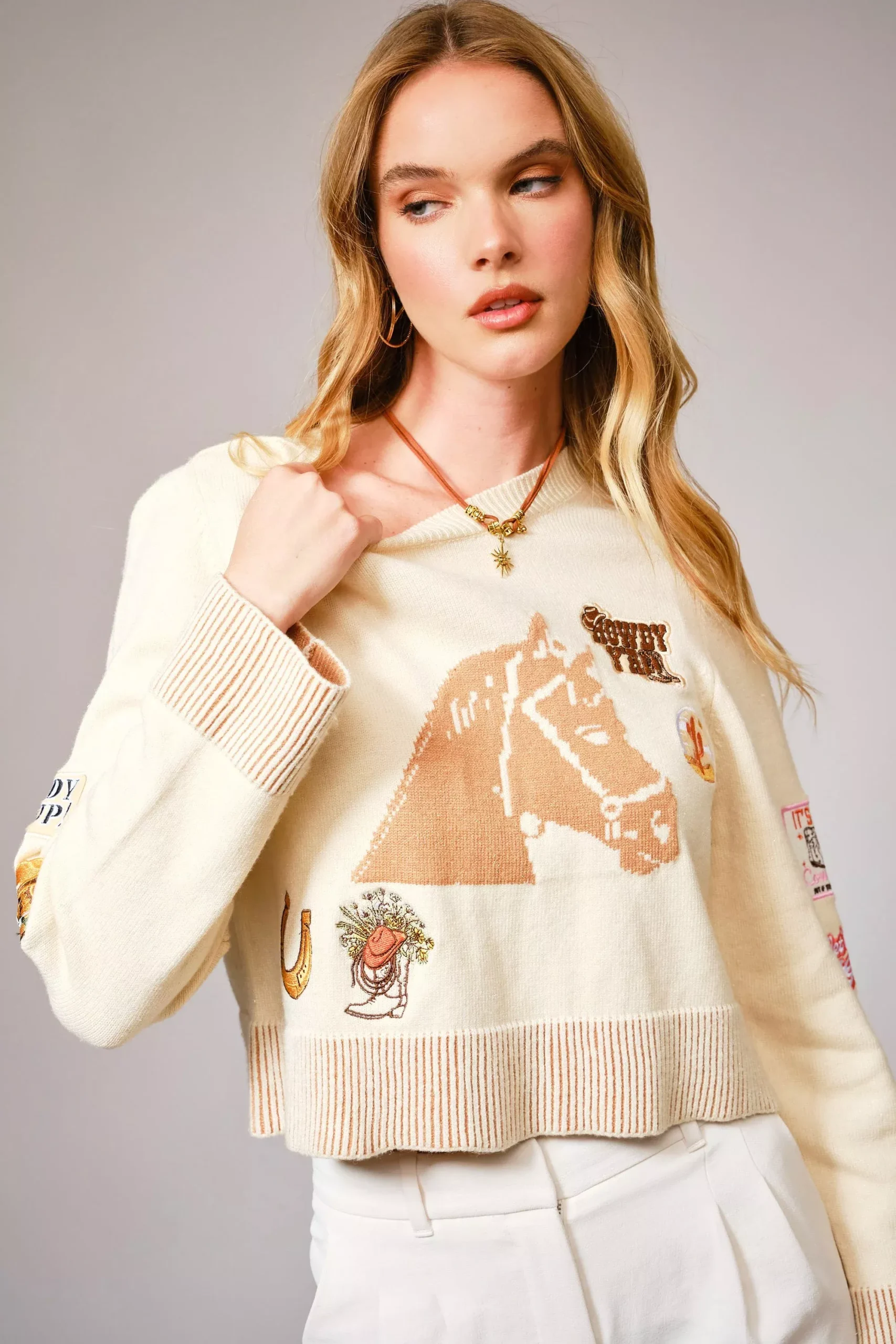 W Horse Graphic Western Patch Sweater