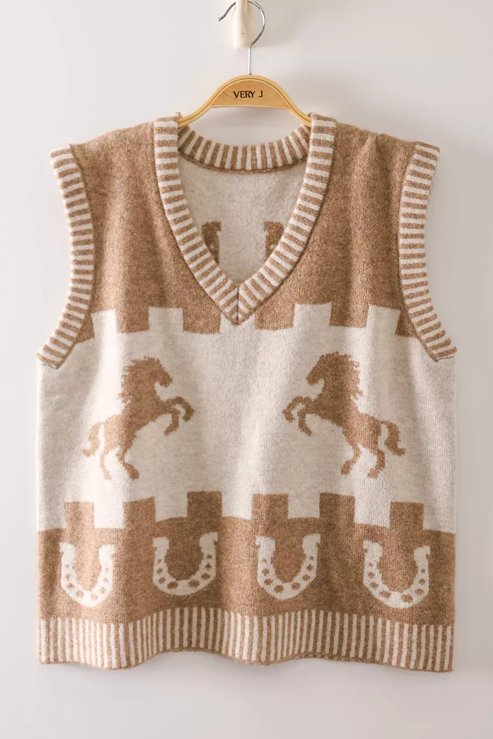 W Knit Horse Sweater Vest-Mocha