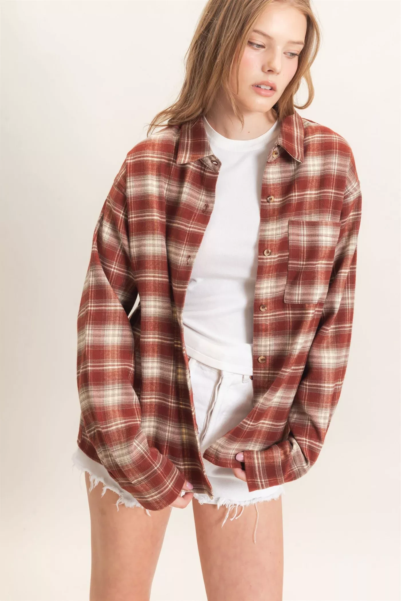 W Plaid Button-up Shirt-Rust