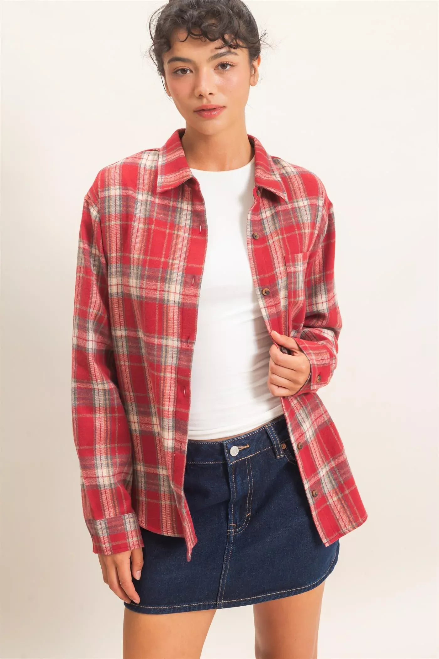W Plaid Long Sleeve Shirt-Red