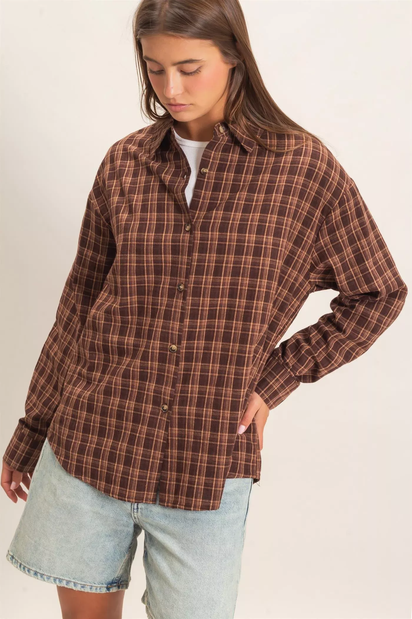 W Plaid Oversized Shirt-Brown