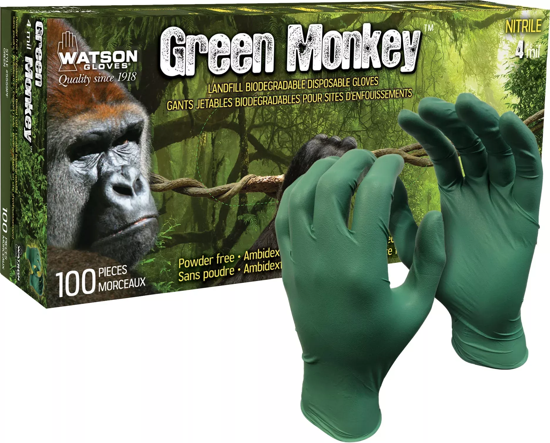 Watson Gloves Green Monkey Nitrile Disposable Gloves, Small, Forest Green, 100 CT