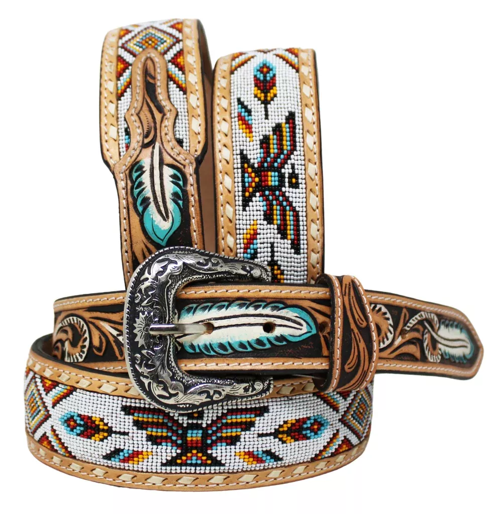 Western 2" Tapered Feather Tooled Thunderbird Beaded Leather Belt 26RT63T2