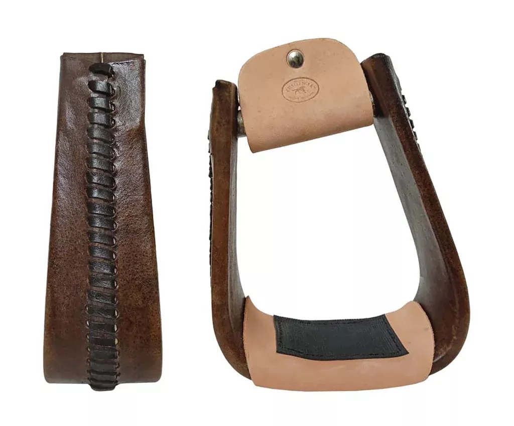 Western 5" Wide Brown Rawhide Wrap Angled Slanted Saddle Roper Stirrups 51250BR