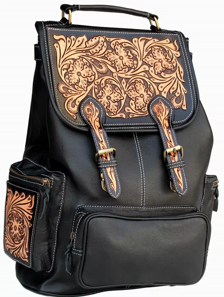 Western Floral Tooled Black Pebbled Leather Backpack Shoulder Book Bag 18RTB03BK