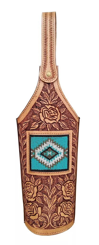Western Leather Roses Tooled Beaded Inlay Wine Bottle Carrier Tote Bag 116RS21