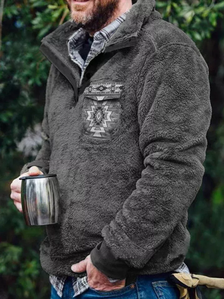 WESTERN SHERPA AZTEC GEOMETRIC BUTTON LAPEL COLLAR PULLOVER