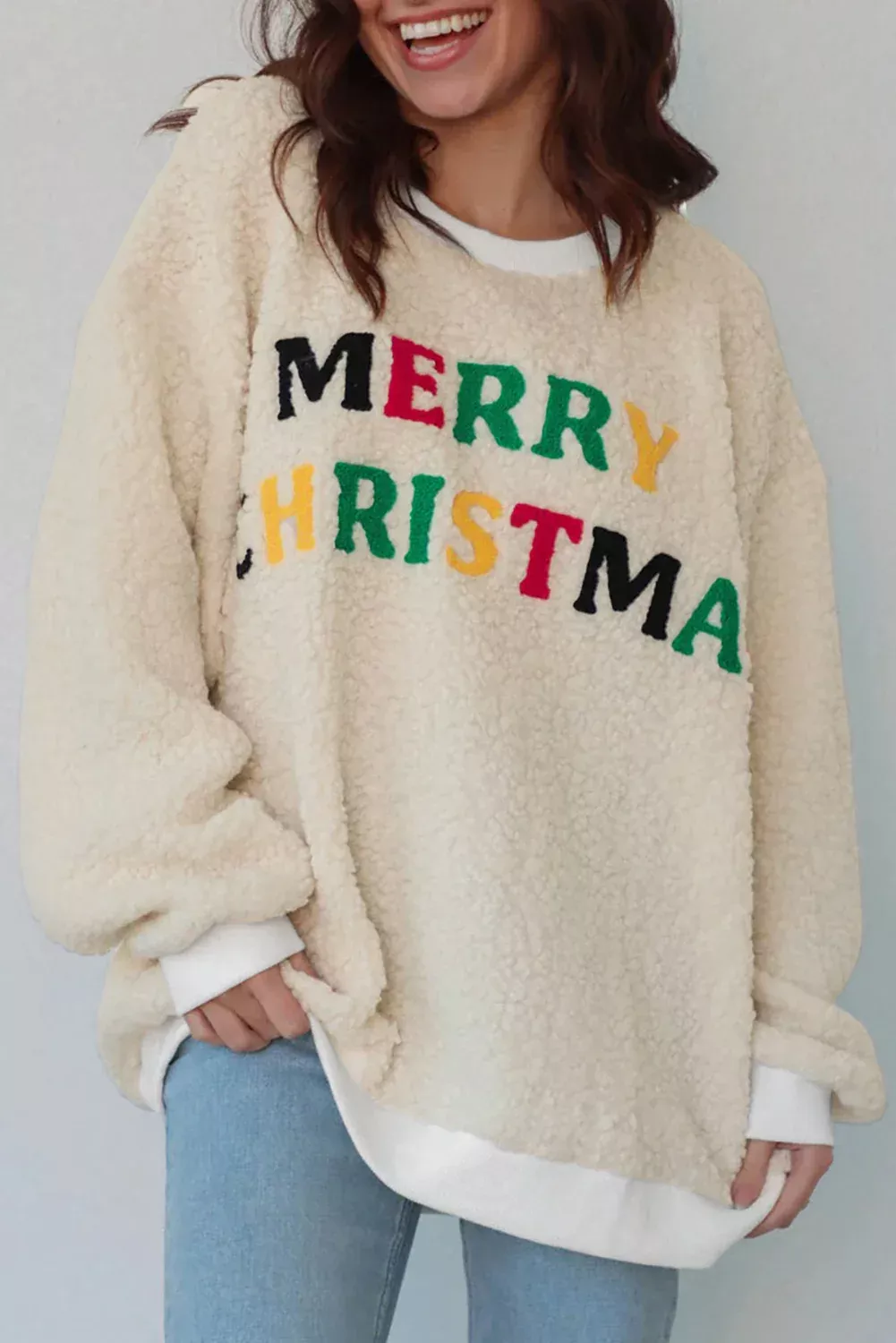 White MERRY CHRISTMAS Multicolor Embroidered Sherpa Pullover Sweatshirt