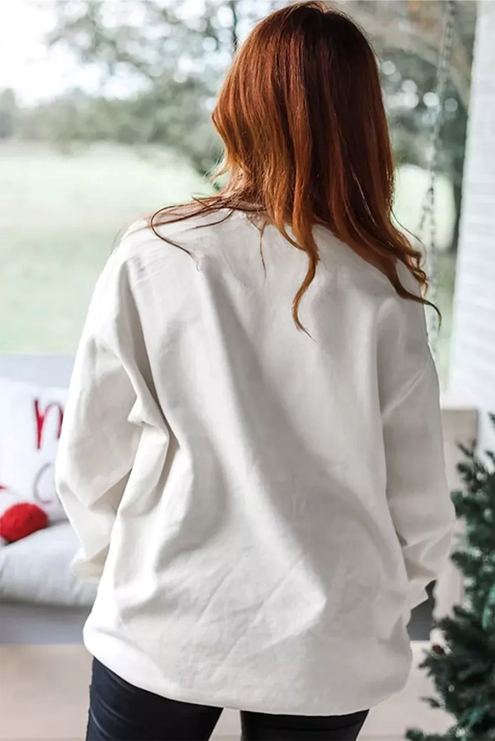 White Pearl Plaid Christmas Tree Patched Drop Shoulder Sweatshirt