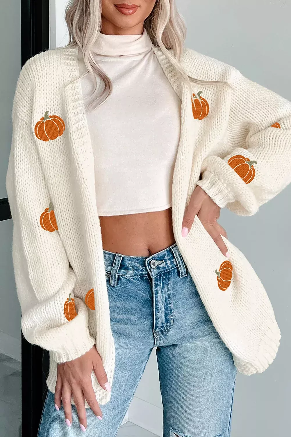 White Pumpkin Print Open Front Drop Shoulder Midi Cardigan