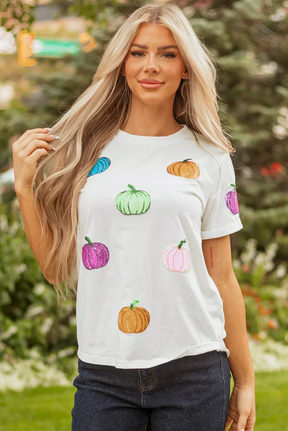White Sequin Pumpkin Patched Cotton Blend T Shirt
