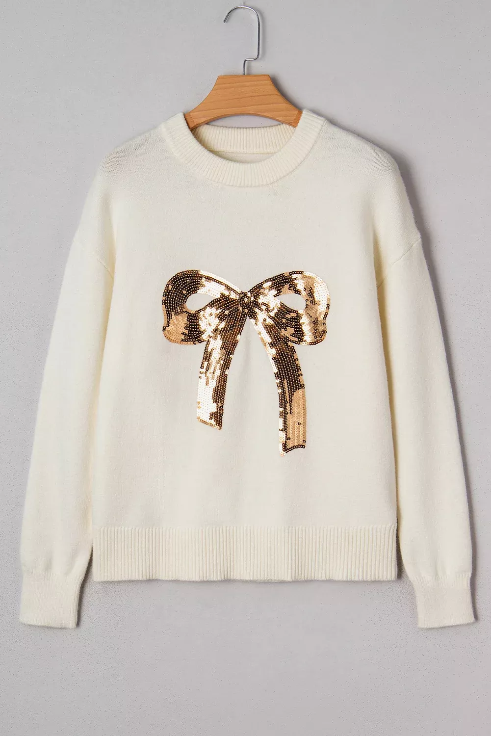 White Sequined Bow Graphic Christmas Holiday Sweater
