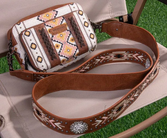 Wrangler Aztec Printed Crossbody Purse With Wallet Compartment - Coffee