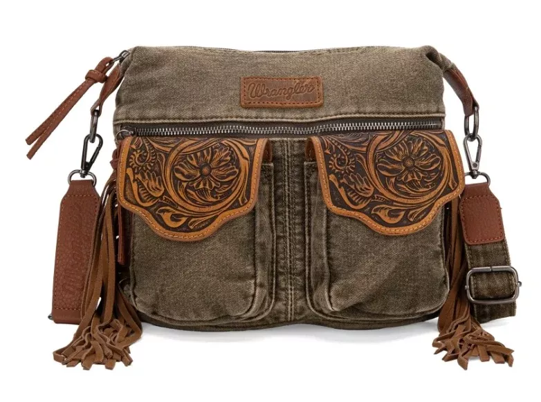 Wrangler Fringe Floral Tooled Denim Crossbody