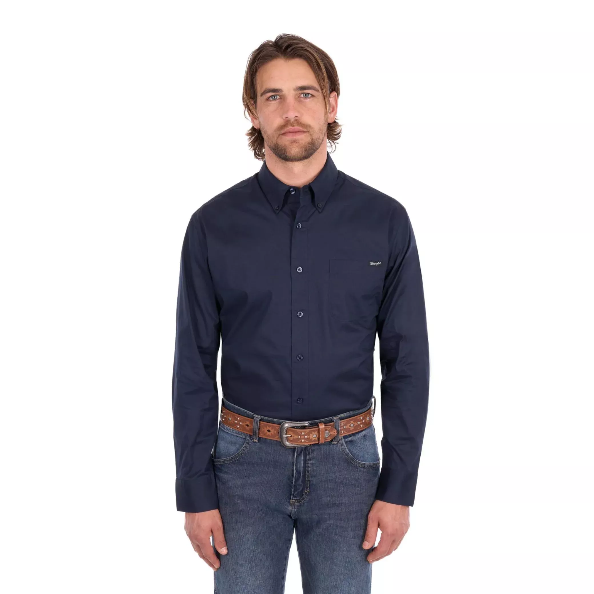 Wrangler Mens Flex Tech Logo 1 Pocket Button Down Long Sleeve Shirt