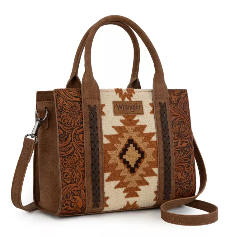 Wrangler Tooled Aztec Pattern Print Concealed Carry Tote/Crossbody -Brown