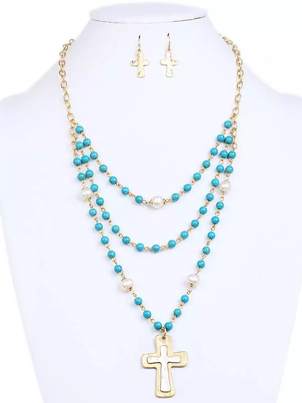 ( Z387 )CROSS AND THREE LAYER TURQUOISE NECKLACE SET